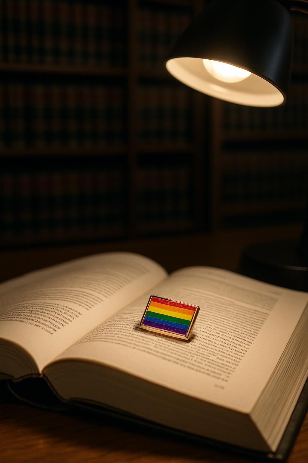 title An open book with a gay pride flag lapel pin, and a lamp in a dark library.