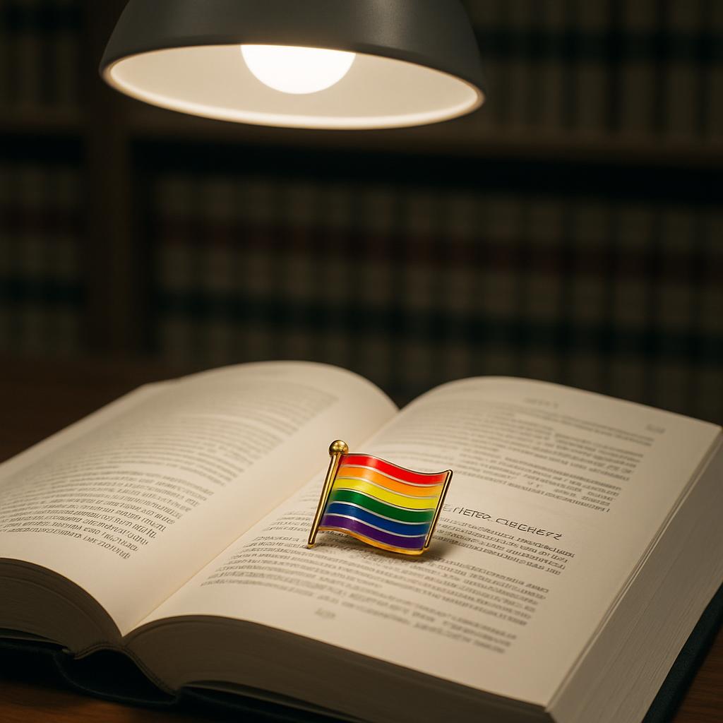 A book opened under a lamp, with an enamel pin featuring the Pride flag on a page light text against a darker background.