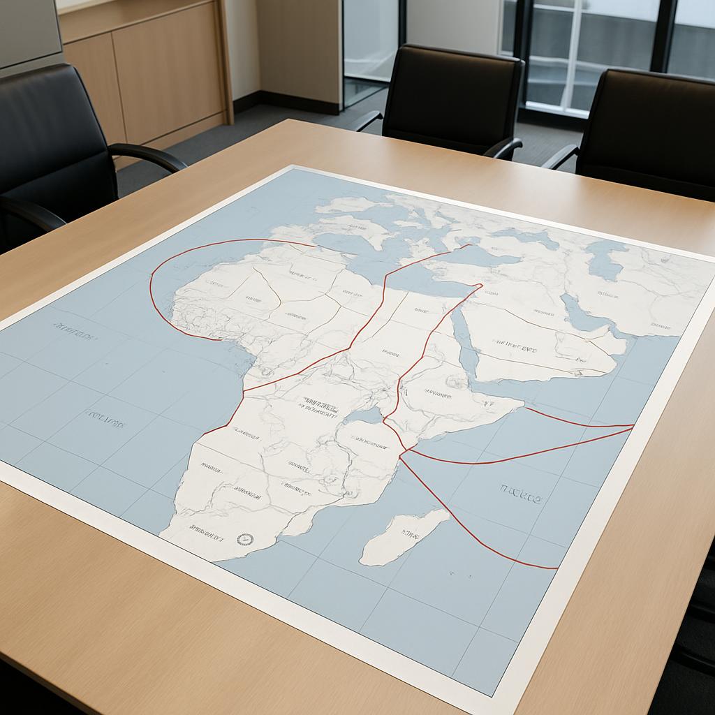 A light-colored wooden table covered with a large map, accompanied by four black chairs around it.