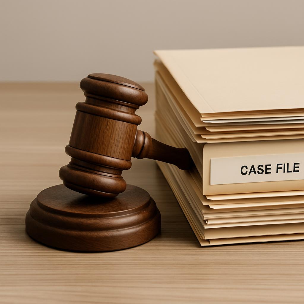A stack of files labeled "CASE FILE" is positioned to the right, accompanied by a judge's gavel in the foreground to the l...